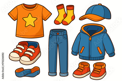 Colorful kids' clothing collection: t-shirt, jeans, jacket, shoes, socks, cap