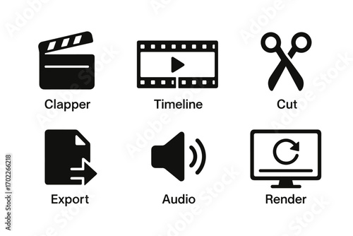 Film editing icons: clapper, timeline, cut, export, audio, render