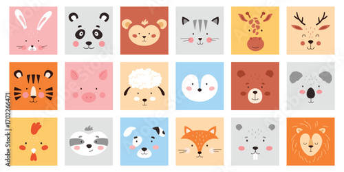 Cute square animal faces set vector illustration. Cartoon isolated farm and wild animal or bird portrait collection for trendy mobile games design, heads and funny muzzles of baby kawaii characters