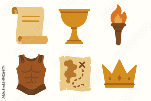 Collection of medieval icons including scroll, goblet, torch, armor, map, and crown