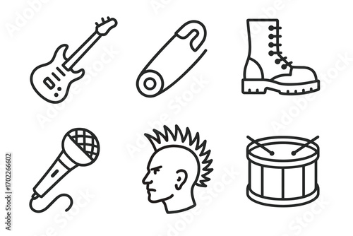 Icon set of punk rock elements: guitar, safety pin, boot, microphone, punk hairstyle, drum