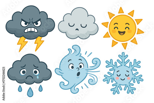 Cute weather characters: cloud, sun, wind, snowflake with expressions