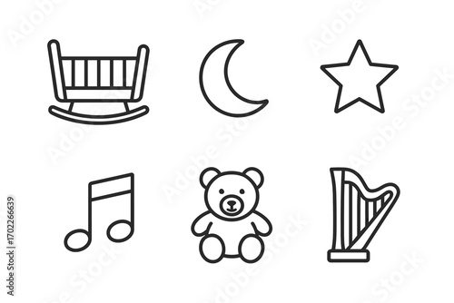 “baby essentials: rocking chair, moon, star, musical note, teddy bear, harp icons”