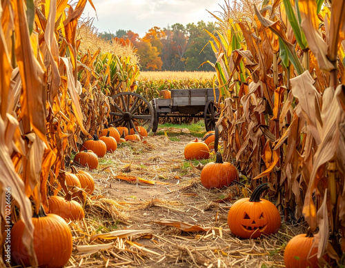 Autumn Corn Maze with Pumpkins - Farm Halloween Activity