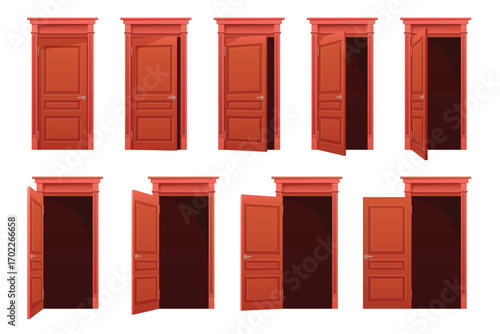 Open door animation vector illustration. Cartoon isolated sequence stages of brown wood closed, ajar and open doors, front view of entrance to building, home room or office with doorway and knob