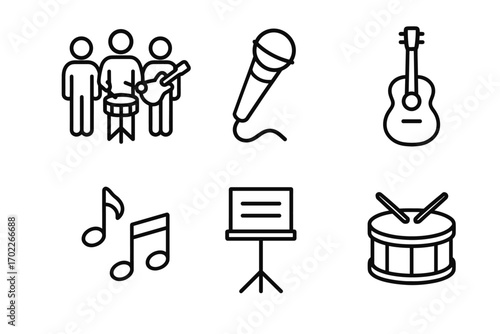 Music band icons: instrument, microphone, notes, guitar, stand, drum setup