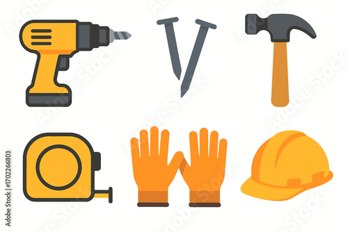 Set of construction tools: drill, nails, hammer, tape measure, gloves, hard hat