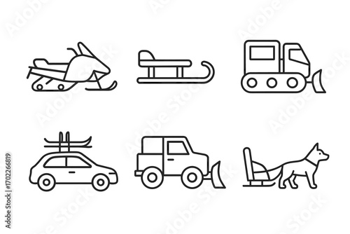 Set of winter transportation icons: snowmobile, sled, snowcat, car, jeep, dog sled