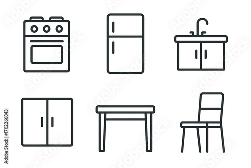 Minimalist kitchen appliances and furniture icons