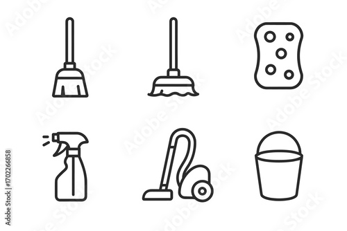Icon set of cleaning tools: broom, mop, sponge, spray, vacuum, bucket in black outline