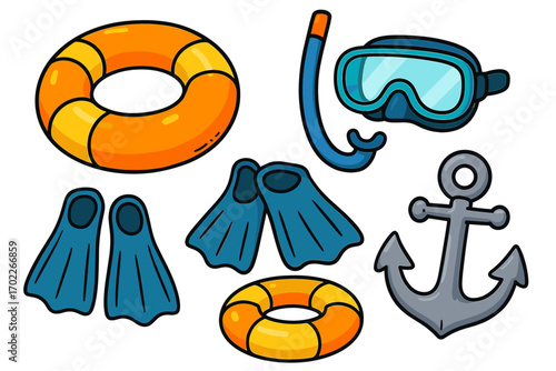 Colorful cartoon diving equipment with snorkel, fins, lifebuoy, and anchor