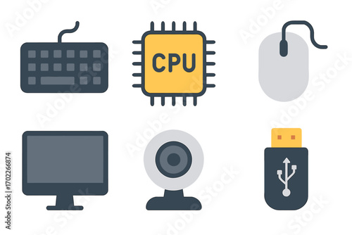 Computer peripherals and cpu chip set with keyboard, mouse, monitor, webcam, usb drive icons