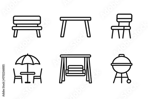 Outdoor furniture set: benches, table, chairs, umbrella, swing, bbq grill line icons