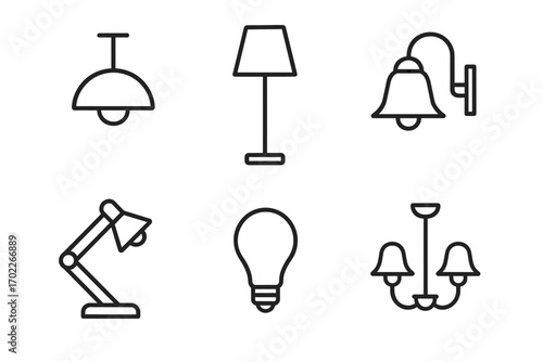 Set of minimalist lamp and lighting icons in black and white