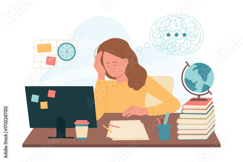 Difficulty in learning and work vector illustration. Cartoon sad tired girl sitting at computer desk with books and confusion of thoughts over head, student suffering ADHD problem, distracted focus