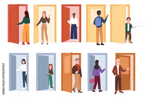 People opening doors set vector illustration. Cartoon isolated young and old male and female characters standing at open and closed doors of office or home, holding knock, entering or leaving building