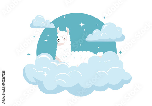 Fluffy white llama relaxing on a cloud amongst stars and celestial bodies