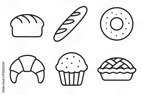 Outline icons of bread, baguette, donut, croissant, muffin, pie