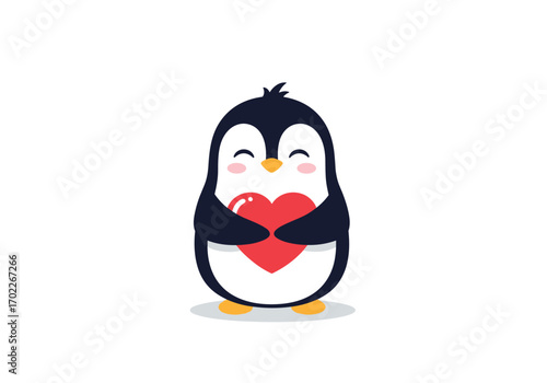 Adorable penguin holding a red heart full of love and affection for valentine's day