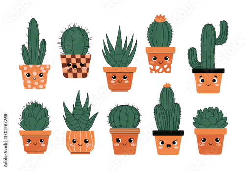 Collection of cute potted succulents and cacti with happy faces for decorative designs