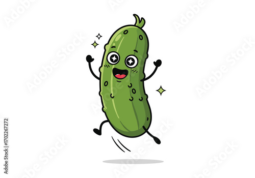A joyful cartoon pickle character doing a fun jump celebration exuding happiness and merriment