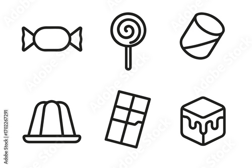 Candy icons: sweet treats including chocolate bar, lollipop, and marshmallow