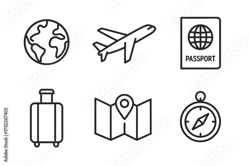 Travel icons set featuring globe, airplane, passport, suitcase, map, compass