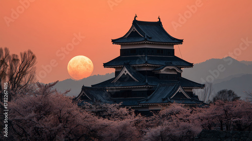 Wallpaper Mural 春の山影に城と大きな満月が重なる夜 Torontodigital.ca