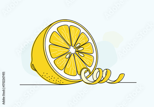 A vibrant yellow lemon half with a twist of zest on a light blue background symbolizing fresh citrus and natural flavor