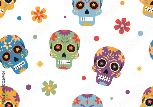 Vibrant sugar skulls and flowers for day of the dead celebration and festive decorations