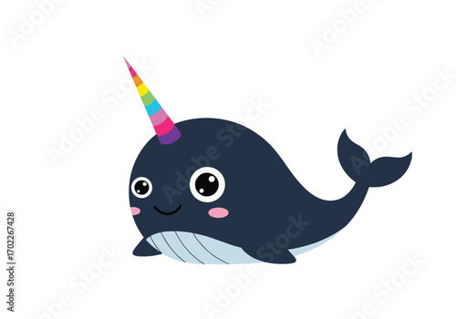 Adorable cartoon narwhal unicorn of the sea with rainbow horn and cheerful expression
