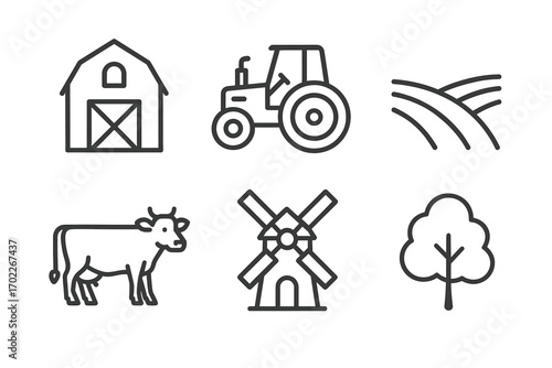 Outline icons: barn, tractor, field, cow, windmill, tree on white background