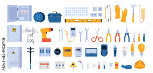 Electricity tools set vector controlillustration. Cartoon isolated electricians workers equipment collection for electric power system inspection, cable and safety gloves, plug and socket, light bulbs
