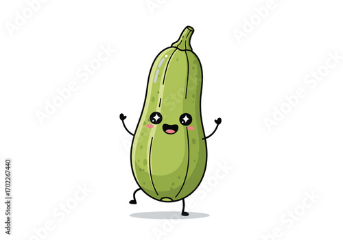 Adorable dancing zucchini character joyfully grooving with arms raised and legs kicking