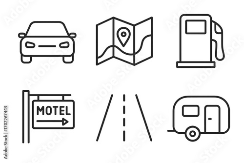 Road trip essentials: car, map, gas pump, motel sign, road, camper