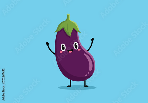 Cute and animated purple eggplant character dancing with joy on a blue background