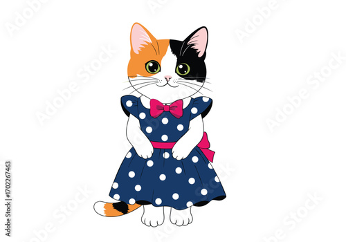 Adorable calico kitten wearing a blue polka dot dress with a pink bow