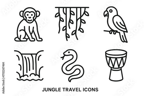 Jungle travel icons: monkey, parrot, snake, waterfall, drum, vines