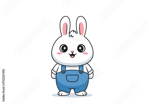 Adorable cartoon white bunny rabbit wearing blue overalls standing tall and smiling happily