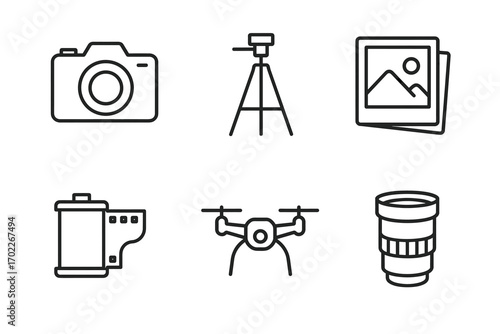 Outline icons of camera, tripod, photos, film, drone, and lens