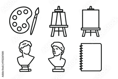 Art tools set with easel, palette, paintbrush, busts, and notebook icons