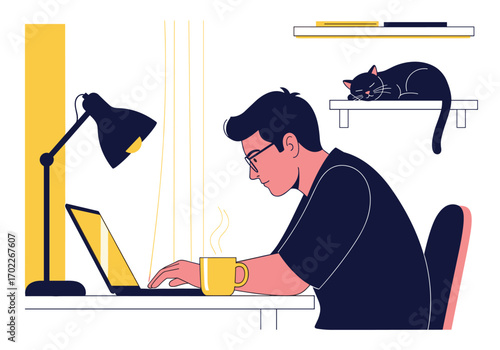 Focused individual working on laptop at desk with cat sleeping nearby illustration