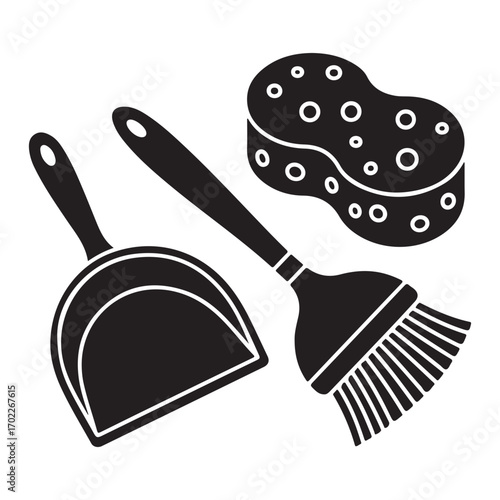 Black silhouette broom and sponge icons