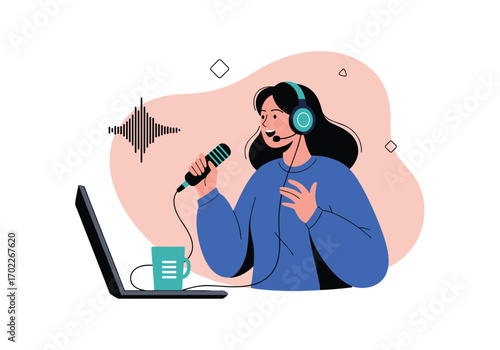 Creative individual recording audio content using microphone headphones and laptop for podcasting and voiceover work