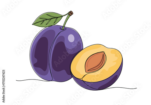 Fresh ripe plum and its juicy half showing the stone and seed
