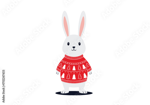 Adorable white bunny wearing a festive red christmas tree patterned sweater standing against a white background