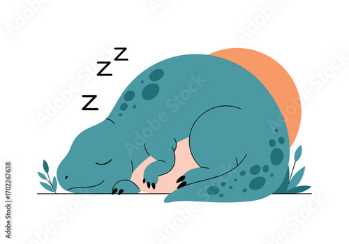 A cute sleeping dinosaur rests peacefully under a warm orange sunset illustration