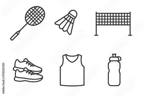 Icons of badminton equipment: racket, shuttlecock, net, shoes, water bottle, shirt