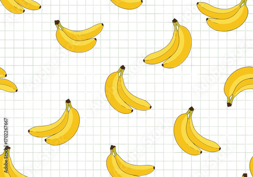 A whimsical pattern of bright yellow bananas scattered across a subtle grid background