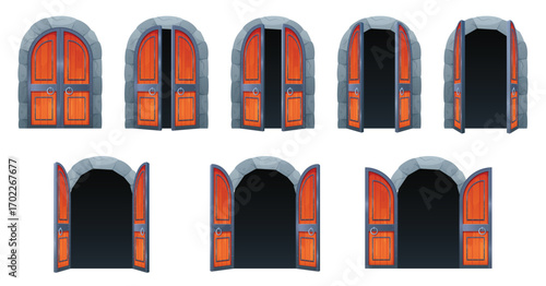 Castle door open, animation set vector illustration. Cartoon isolated ajar and closed wooden vintage gates, opening sequence of brown double doors inside stone arch of doorway in medieval dungeon